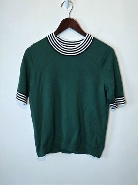 Boden Muriel Green Short Sleeve Striped Trim Knit Sweater Size Medium